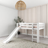 AMAZING WS : Play Loft Beds Full Low Loft Bed with Slide and Straight Ladder on Front, Slat, White