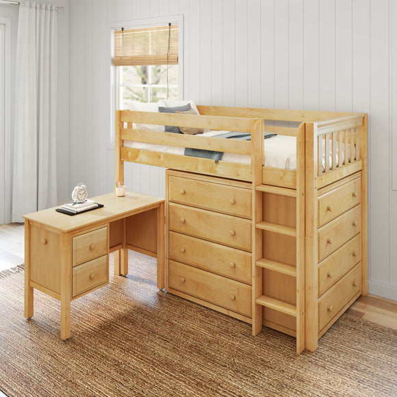 BLING21 NS : Storage & Study Loft Beds Twin Mid Loft Bed with Straight Ladder, Storage + Desk, Slat, Natural