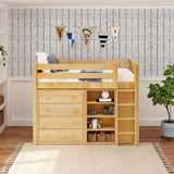 BLING6 NP : Storage & Study Loft Beds Twin Mid Loft w/straight ladder, 2x 4 drawer dresser, 22.5" Mid Bookcase, Panel, Natural