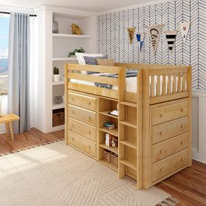 BLING6 NS : Storage & Study Loft Beds Twin Mid Loft w/straight ladder, 2x 4 drawer dresser, 22.5" Mid Bookcase, Slat, Natural