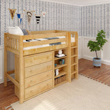 BLING6 NS : Storage & Study Loft Beds Twin Mid Loft w/straight ladder, 2x 4 drawer dresser, 22.5" Mid Bookcase, Slat, Natural