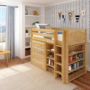 BLING7 NP : Storage & Study Loft Beds Twin Mid Loft w/Straight ladder, 4 drawer dresser, 22.5" Mid Bookcase, 37.5" Mid Bookcase, Panel, Natural