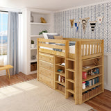 BLING7 NS : Storage & Study Loft Beds Twin Mid Loft w/Straight ladder, 4 drawer dresser, 22.5" Mid Bookcase, 37.5" Mid Bookcase, Slat, Natural
