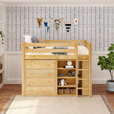 BLING7 NS : Storage & Study Loft Beds Twin Mid Loft w/Straight ladder, 4 drawer dresser, 22.5" Mid Bookcase, 37.5" Mid Bookcase, Slat, Natural