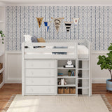 BLING7 WP : Study Loft Beds Twin Mid Loft w/Straight ladder, 4 drawer dresser, 22.5" Mid Bookcase, 37.5" Mid Bookcase, Panel, White