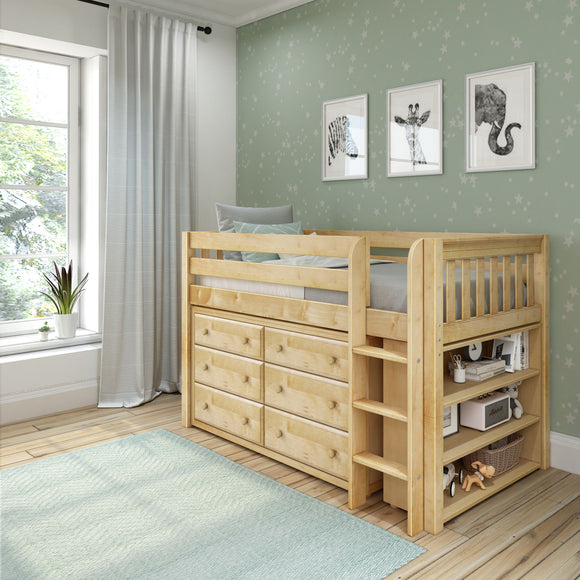 BOX2 NS : Study Loft Beds Twin Low Loft Bed with Straight Ladder + Storage, Slat, Natural