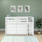 BOX2 WS : Study Loft Beds Twin Low Loft Bed with Straight Ladder + Storage, Slat, White