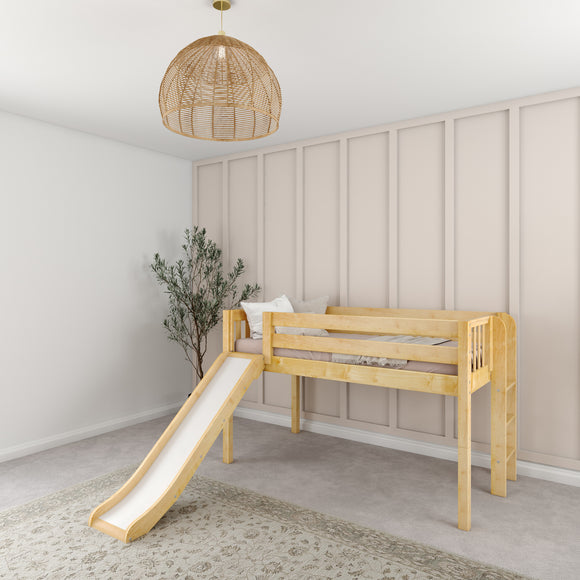 BRAINY NS : Play Loft Beds Twin Low Loft Bed with Slide and Straight Ladder on End, Slat, Natural