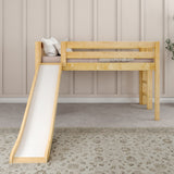 BRAINY NS : Play Loft Beds Twin Low Loft Bed with Slide and Straight Ladder on End, Slat, Natural