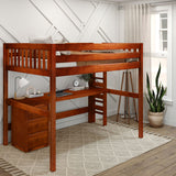 BULKY12 XL CS : Storage & Study Loft Beds Full XL High Loft Bed with Long Desk & Narrow 3-Drawer Dresser, Slat, Chestnut