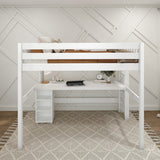 BULKY22 WP : Study Loft Beds Full High Loft Bed with Straight Ladder on End with Long Desk and Bookcase - White, Panel