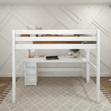BULKY22 WS : Study Loft Beds Full High Loft Bed with Straight Ladder on End with Long Desk and Bookcase - White, Slat