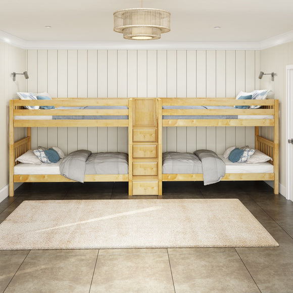COOL XL NS : Quad Bunk Twin XL Quadruple Bunk Bed with Stairs, Slat, Natural