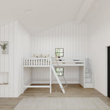 CREST WS : Corner Loft Beds Full + Twin High Corner Loft Bed with Ladder + Stairs - R, Slat, White