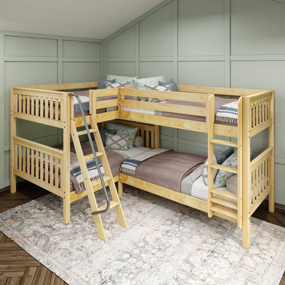 CROSS NS : Multiple Bunk Beds Full + Twin Medium Corner Bunk with Angled and Straight Ladder, Slat, Natural