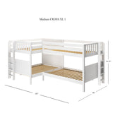 CROSS XL 1 WP : Multiple Bunk Beds Full XL + Twin XL Medium Corner Bunk with Straight Ladders on Ends, Panel, White