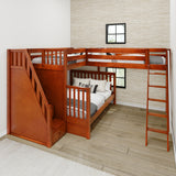 DECATHLON XL CS : Multiple Bunk Beds Twin XL over Queen + Twin XL High Corner Loft Bunk with Angled Ladder and Stairs on Left, Slat, Chestnut