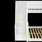 DECATHLON XL WS : Multiple Bunk Beds Twin XL over Queen + Twin XL High Corner Loft Bunk with Angled Ladder and Stairs on Left, Slat, White