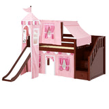 DELICIOUS64 CP : Play Loft Beds Twin Low Loft Bed with Stairs, Curtain, Top Tent, Tower + Slide, Panel, Chestnut