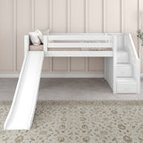 DELICIOUS WP : Play Loft Beds Twin Low Loft Bed with Stairs + Slide, Panel, White
