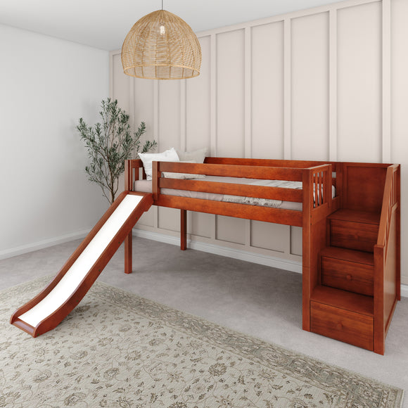 DELICIOUS XL CS : Play Loft Beds Twin XL Low Loft Bed with Stairs + Slide, Slat, Chestnut