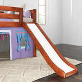 DEN27 CS : Play Loft Beds Twin Low Loft Bed with Angled Ladder, Curtain + Slide, Slat, Chestnut