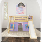 DEN27 NS : Play Loft Beds Twin Low Loft Bed with Angled Ladder, Curtain + Slide, Slat, Natural