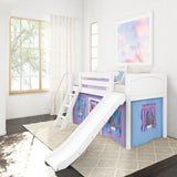 DEN27 WP : Play Loft Beds Twin Low Loft Bed with Angled Ladder, Curtain + Slide, Panel, White