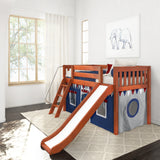 DEN44 CS : Play Loft Beds Twin Low Loft Bed with Angled Ladder, Curtain + Slide, Slat, Chestnut