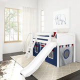 DEN44 WP : Play Loft Beds Twin Low Loft Bed with Angled Ladder, Curtain + Slide, Panel, White