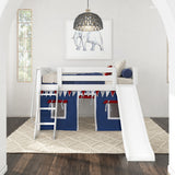 DEN44 WP : Play Loft Beds Twin Low Loft Bed with Angled Ladder, Curtain + Slide, Panel, White