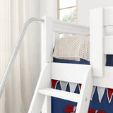 DEN44 WS : Play Loft Beds Twin Low Loft Bed with Angled Ladder, Curtain + Slide, Slat, White