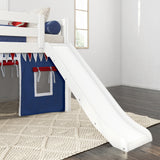 DEN44 WS : Play Loft Beds Twin Low Loft Bed with Angled Ladder, Curtain + Slide, Slat, White