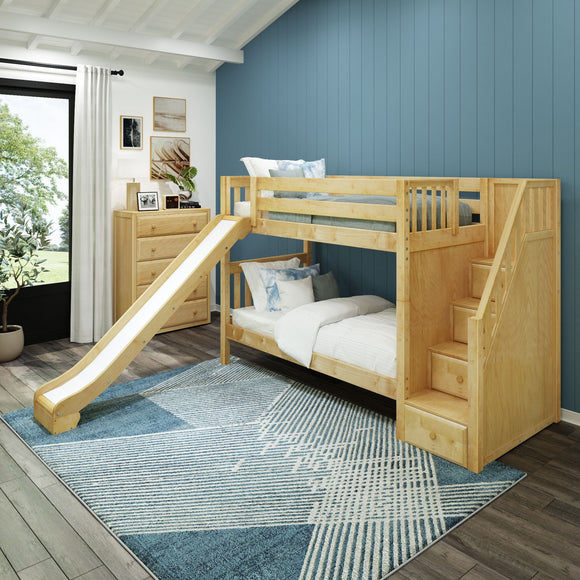 ECSTATIC NS : Play Bunk Beds Twin Medium Bunk Bed with Stairs + Slide, Slat, Natural