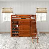 EMPEROR3 CS : Storage & Study Loft Beds Twin High Loft w/ angled ladder, 2x5 drawer dresser, 37.5" High Bookcase, Slat, Chestnut
