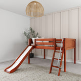 FANTASTIC CP : Loft Bed Full Low Loft Bed with Slide and Angled Ladder on Front, Chestnut Panel