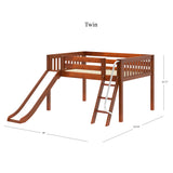 FANTASTIC CS : Loft Bed Full Low Loft Bed with Slide and Angled Ladder on Front, Chestnut Slats