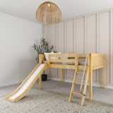 FANTASTIC NP : Loft Bed Full Low Loft Bed with Slide and Angled Ladder on Front, Natural Birch Panel