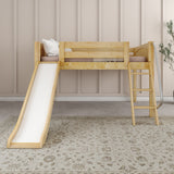 FANTASTIC NP : Loft Bed Full Low Loft Bed with Slide and Angled Ladder on Front, Natural Birch Panel
