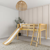 FANTASTIC NS : Loft Bed Full Low Loft Bed with Slide and Angled Ladder on Front, Natural Birch Slats