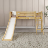 FANTASTIC NS : Loft Bed Full Low Loft Bed with Slide and Angled Ladder on Front, Natural Birch Slats