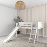 FANTASTIC WP : Loft Bed Full Low Loft Bed with Slide and Angled Ladder on Front, Classic White Panel