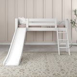FANTASTIC WP : Loft Bed Full Low Loft Bed with Slide and Angled Ladder on Front, Classic White Panel
