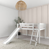 FANTASTIC WS : Loft Bed Full Low Loft Bed with Slide and Angled Ladder on Front, Classic White Slats