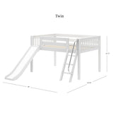 FANTASTIC WS : Loft Bed Full Low Loft Bed with Slide and Angled Ladder on Front, Classic White Slats