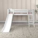 FANTASTIC WS : Loft Bed Full Low Loft Bed with Slide and Angled Ladder on Front, Classic White Slats