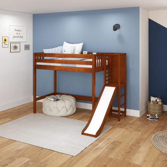 FILIOCUS CS : Loft Bed Twin High Loft Bed with Slide Platform, Slat, Chestnut