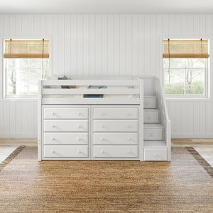 GALANT3 WP : Storage & Study Loft Beds Twin Mid Loft Bed with Stairs + Storage, Panel, White