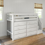 GALANT3 WS : Storage & Study Loft Beds Twin Mid Loft Bed with Stairs + Storage, Slat, White