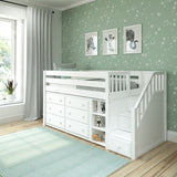 GREAT1 WP : Storage & Study Loft Beds Staircase Low Loft Bed with Bookshelf & 2 Dressers, Twin, Panel, White